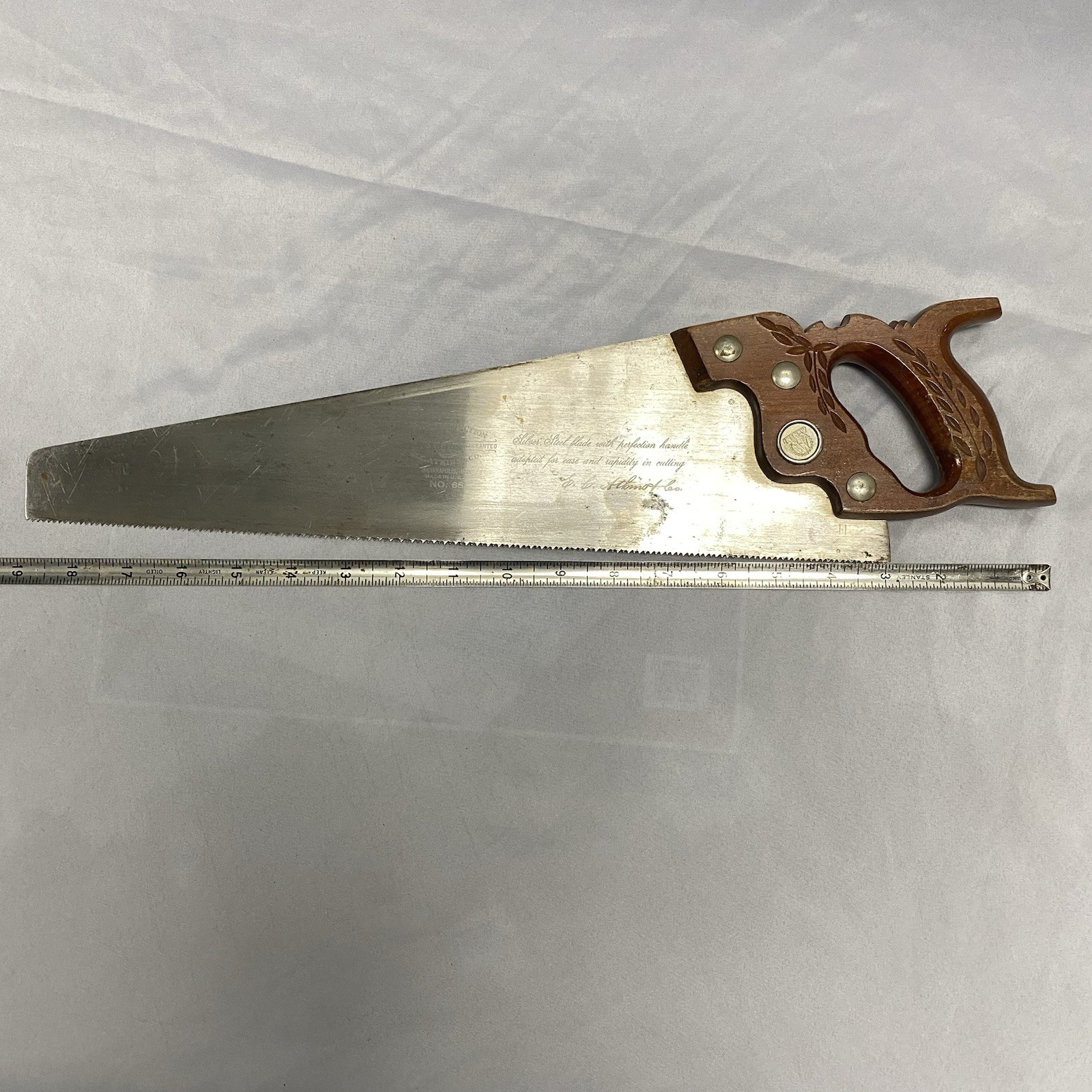 Vintage E.C. Atkins No. 65 Hand Saw Perfection Silver Steel Carved Handle USA