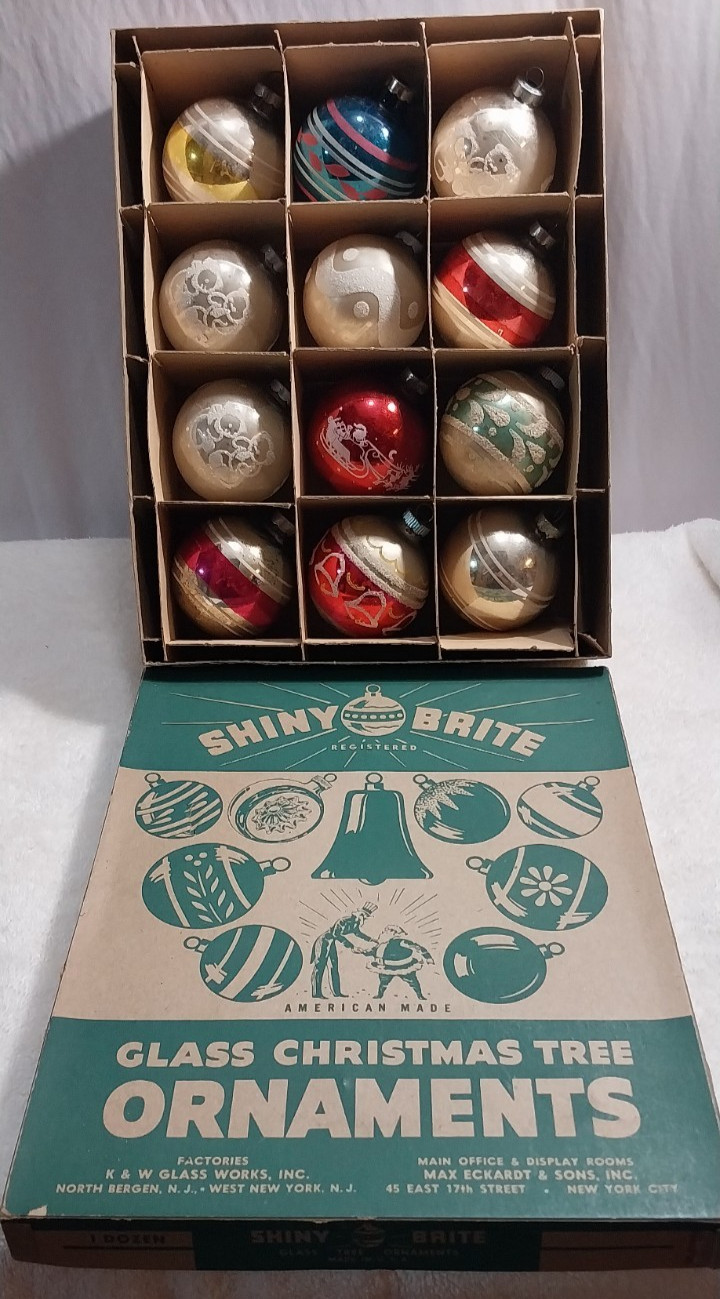VTG Shiny Brite Glass Christmas Ornaments 12pc Set w/ Box MPN 1430 - 3.5\