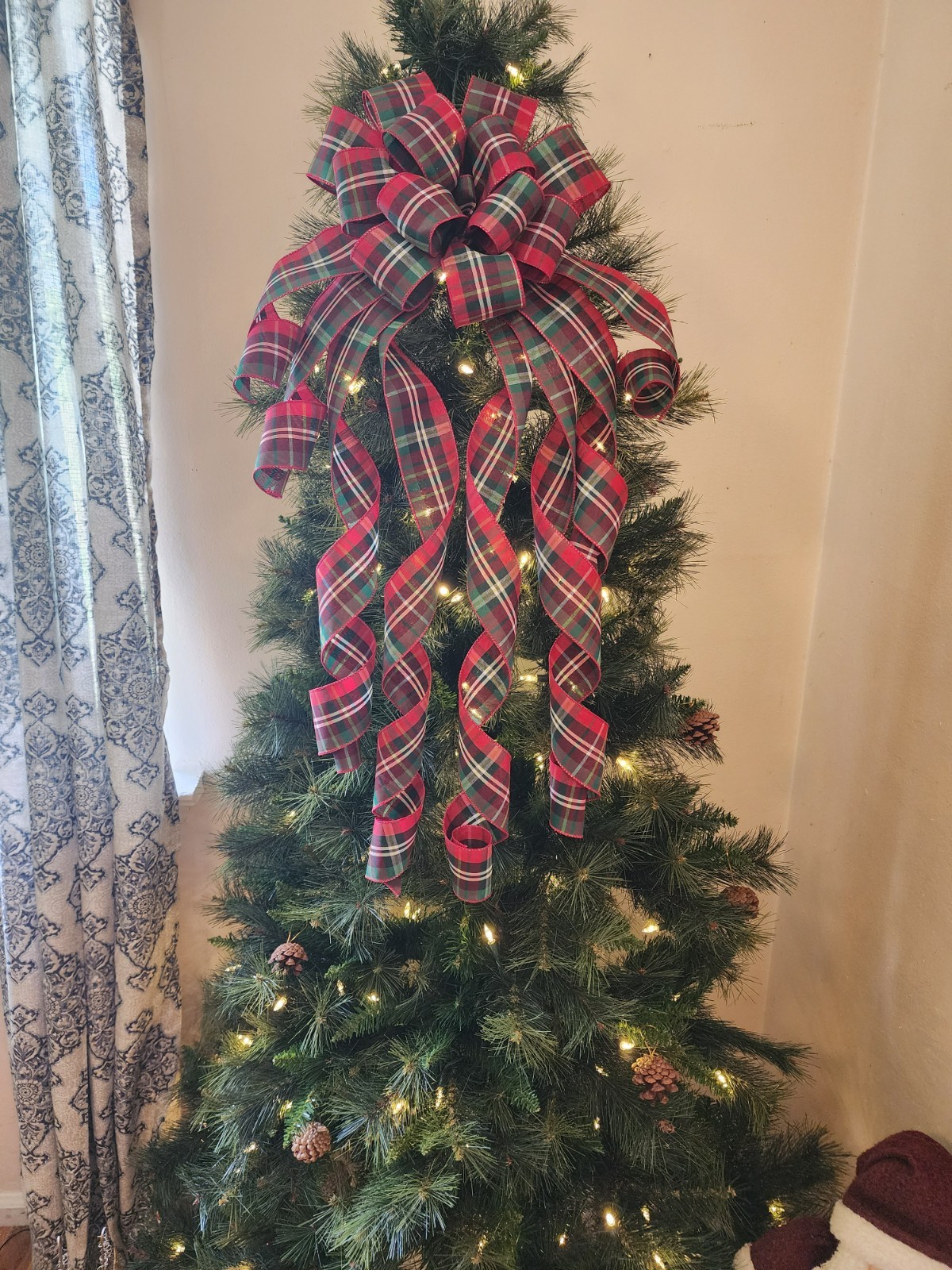 The Rachel Plaid Christmas Tree Topper Bow, Red Xmas Ribbon Topper, Wreath bow