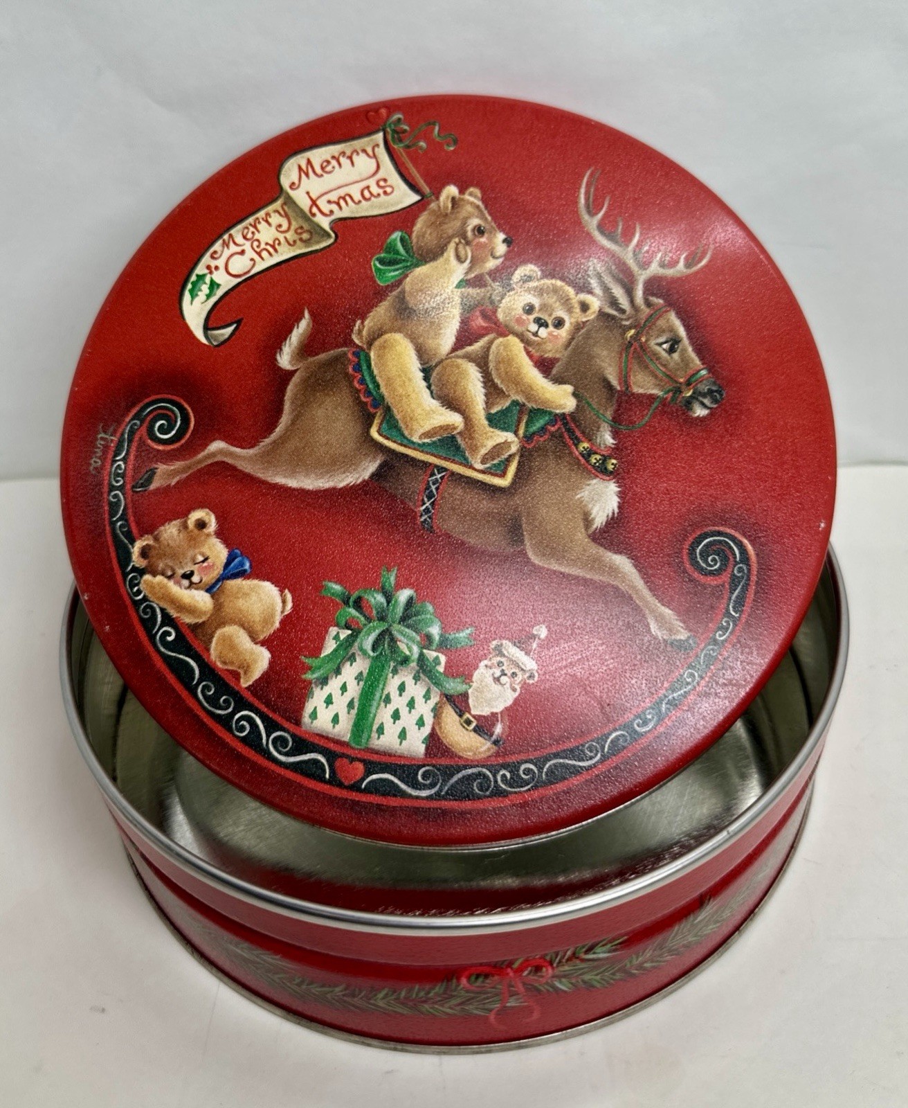 Vintage Tin Christmas Teddy Bears on Reindeer Holiday signed Tina 6.5” Vintage Tin Christmas Teddy Bears on Reindeer Holiday signed Tina 6.5”