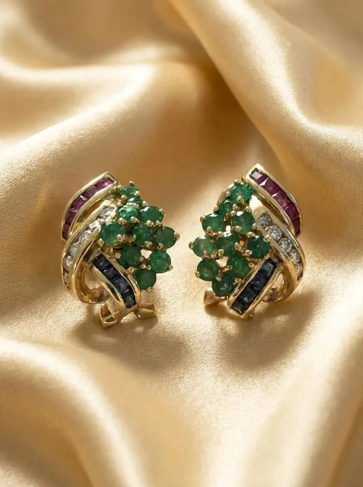 Estate Diamond Ruby Sapphire Emerald Omega Back Earrings 14k Yellow Gold Plated