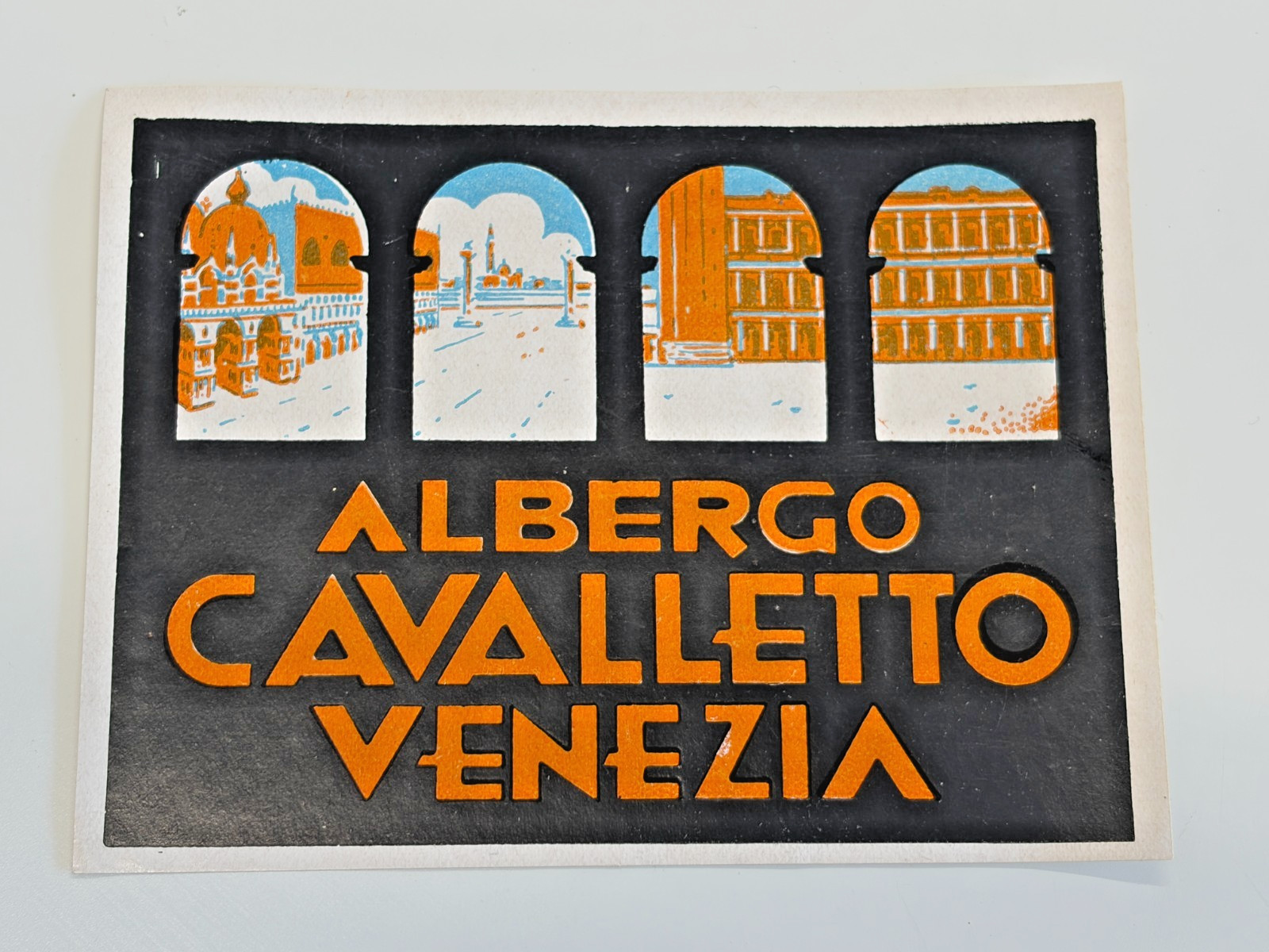 vintage-style Albergo Cavalletto Hotel luggage label Venice Italy