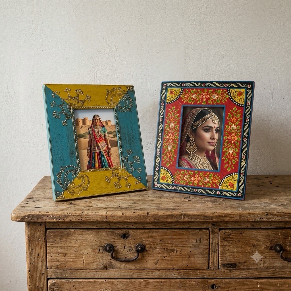Lot of 2 Indian Hand Painted Wooden Photo Frames Boho Folk Art Rajasthani Decor