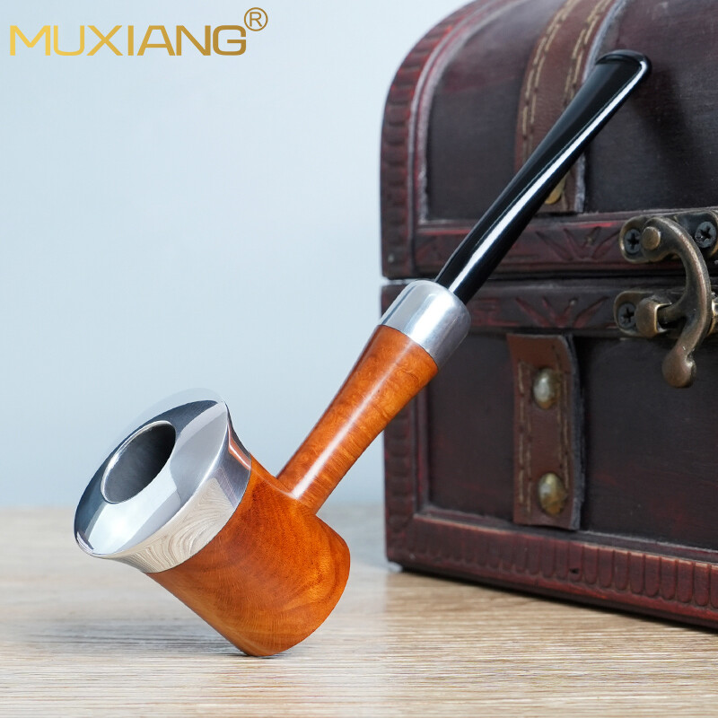 MUXIANG Briar Smooth Tobacco Pipe Acrylic Stem Aluminum Ring Wooden Poker Pipe