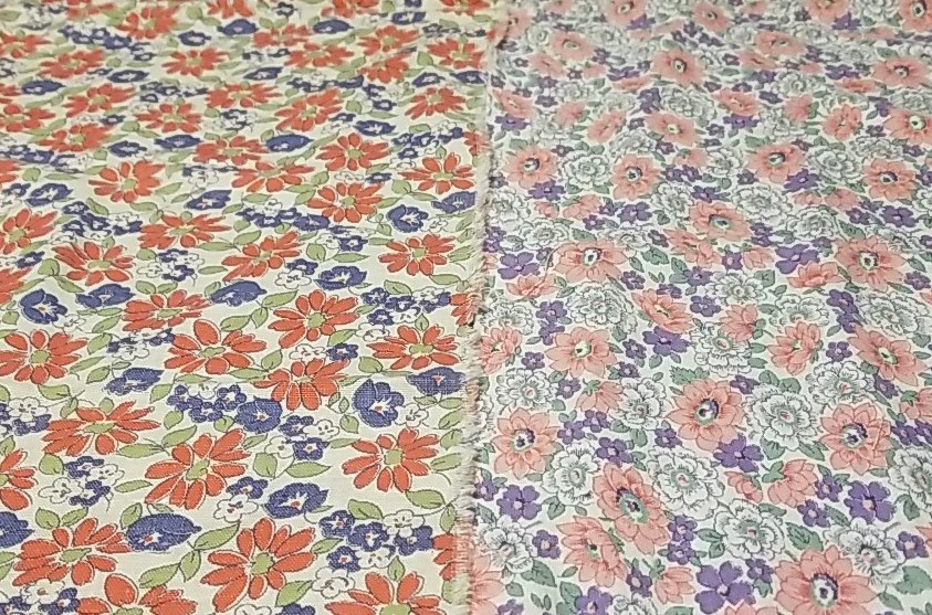 Antique Feedsack, 2 Matching Partial  Florals, Red 34
