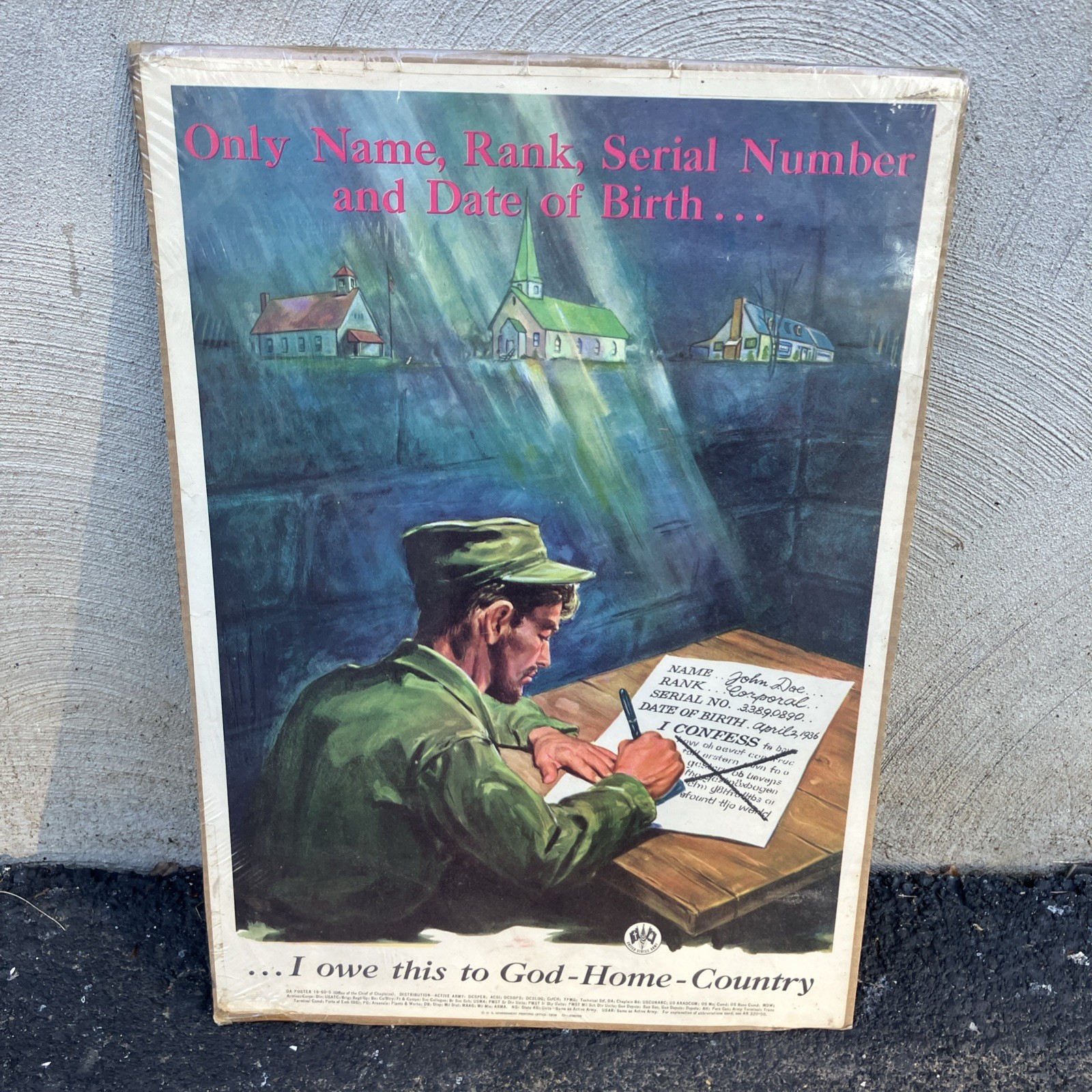 Vtg 1958 US Army Code of Conduct Poster Only Name Rank Serial Number 13x18.5