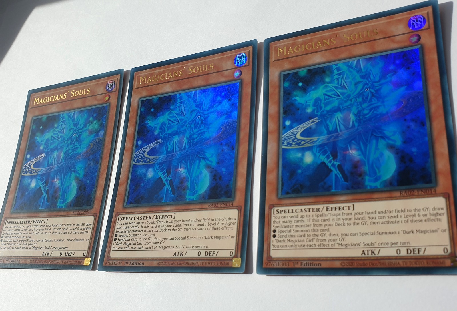 3 x RA02-EN014 Magicians' Souls - Ultra Rare NM 1st Edition - YuGiOh Playset 3 x RA02-EN014 Magicians' Souls - Ultra Rare NM 1st Edition - YuGiOh Playset