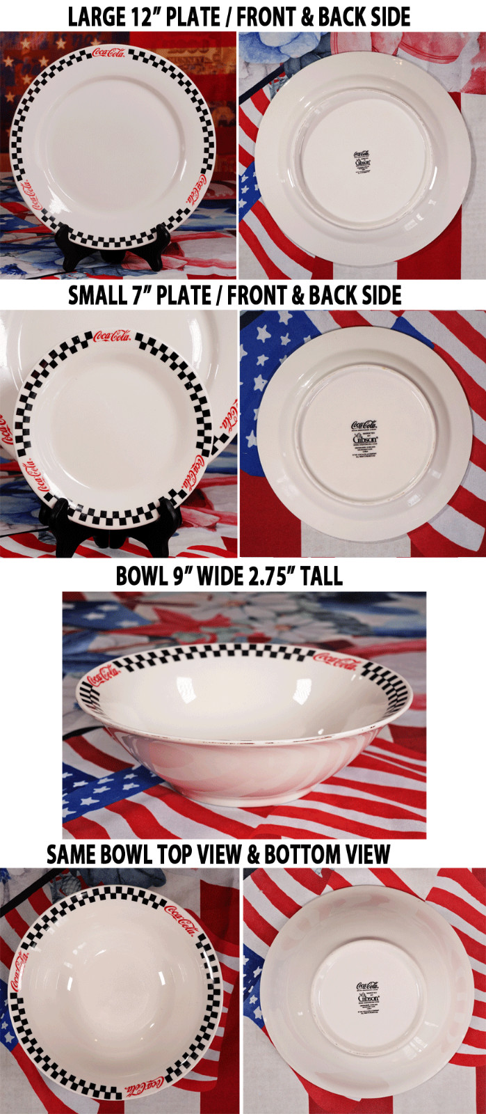 Vintage Coca-Cola Gibson Dinnerware Set 12” Plate 7” Plate & 9” Bowl Diner 90\'s