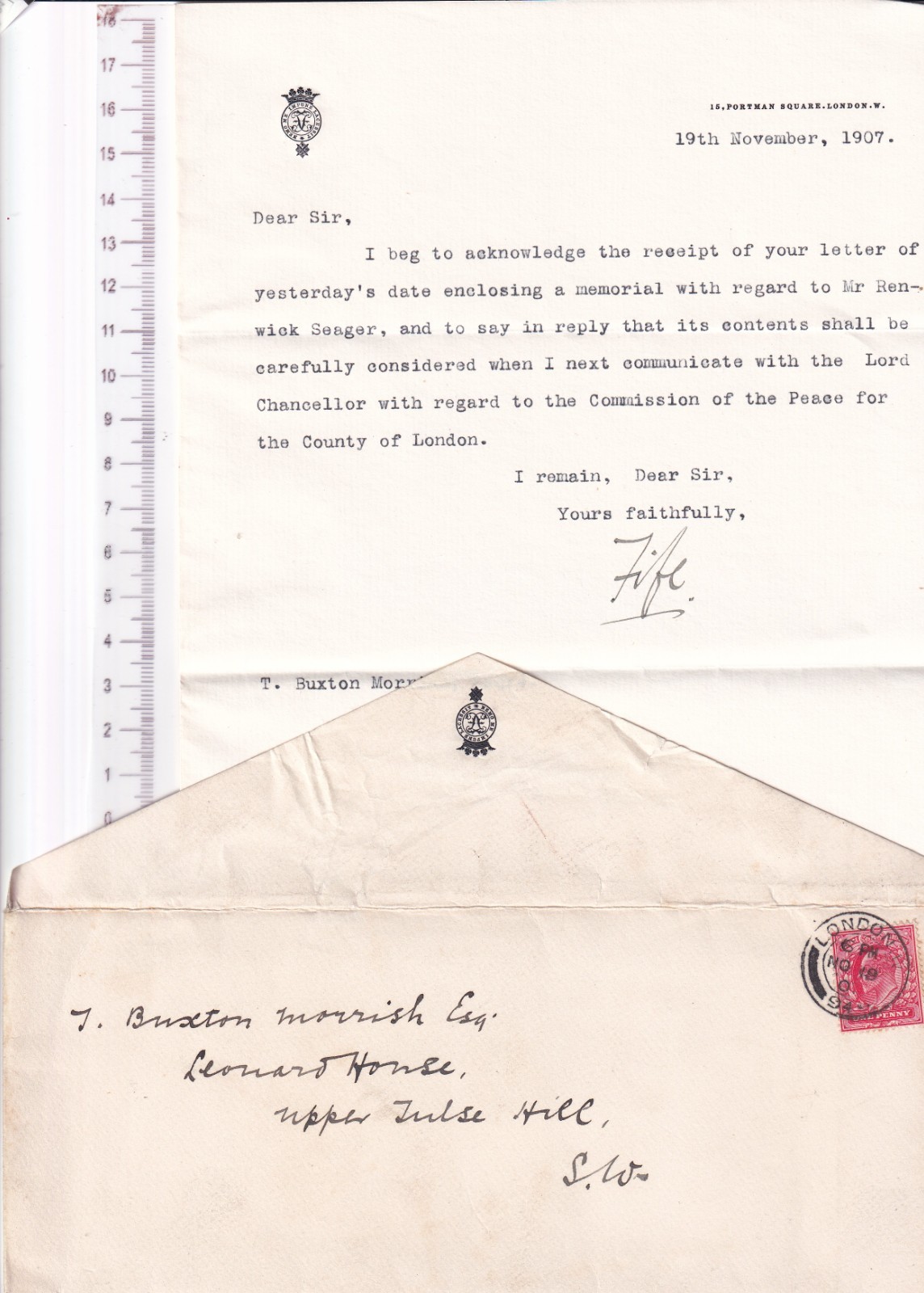 1907 1st Duke Fife Letter - JP Memorial for J R Seager to Sir T B Morrish + Env 1907 1st Duke Fife Letter - JP Memorial for J R Seager to Sir T B Morrish + Env