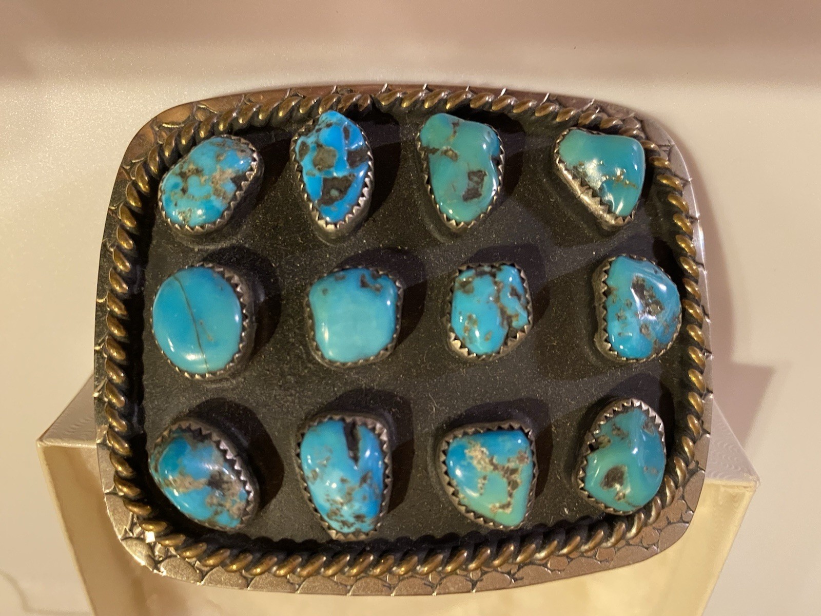 Vtg Southwest Chunky Turquoise Stone Belt Buckle Western Nickel Silver Rope Edge