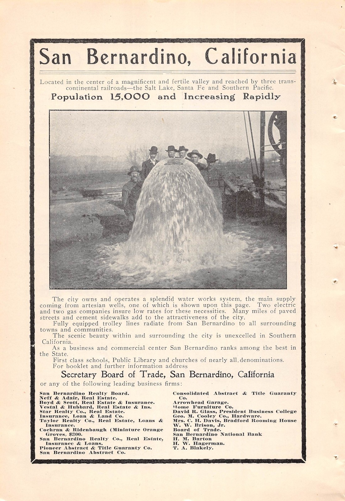 antique1907 SAN BERNARDINO CA Artesian Wells Water Works System Population 15000