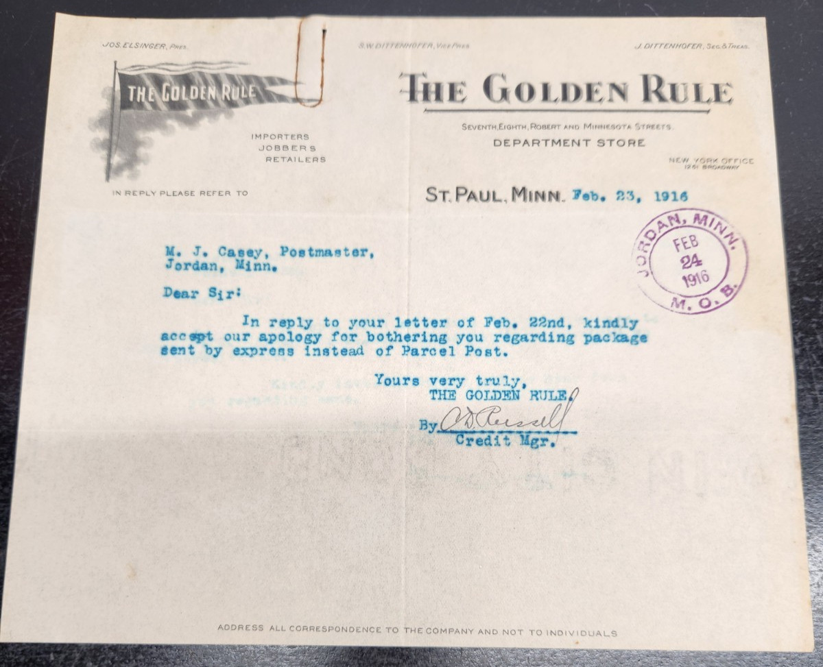 VTG 1914 Billhead of The Golden Rule Dept. Store of St Paul Minnesota