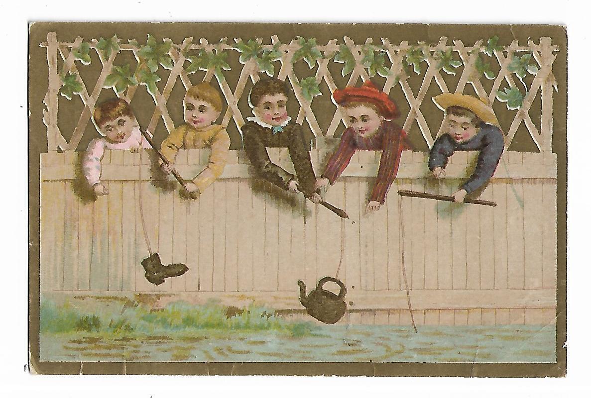 Old Trade Card Grand Perfect Oven Range WB Johnston Spring Grove PA Boys Fishing