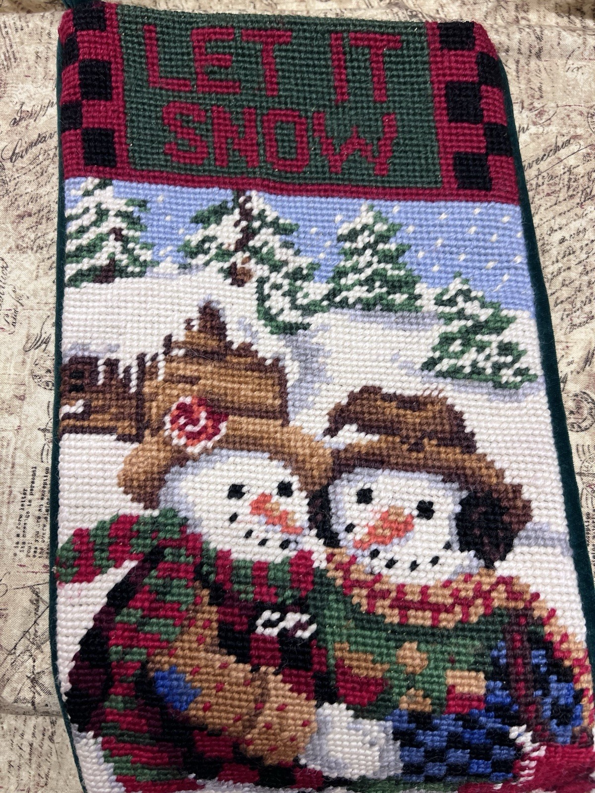 Vintage Wool Needlepoint Christmas Stocking Snowman Holiday decor Let it Snow