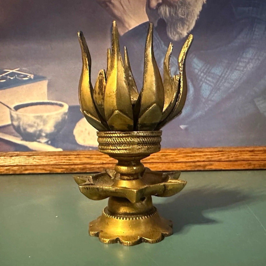 Vintage Solid Brass Lotus Flower Incense Burner & Candle Holder Diya Altar