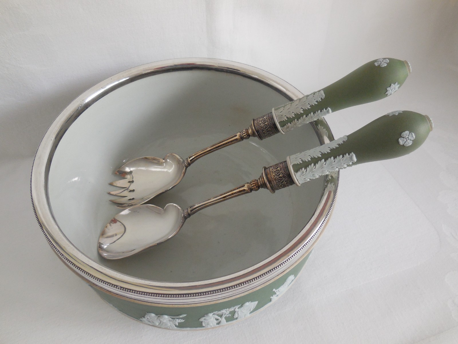 Large Antique 1890s Wedgwood Sage Green Dip Jasperware Bowl With Servers