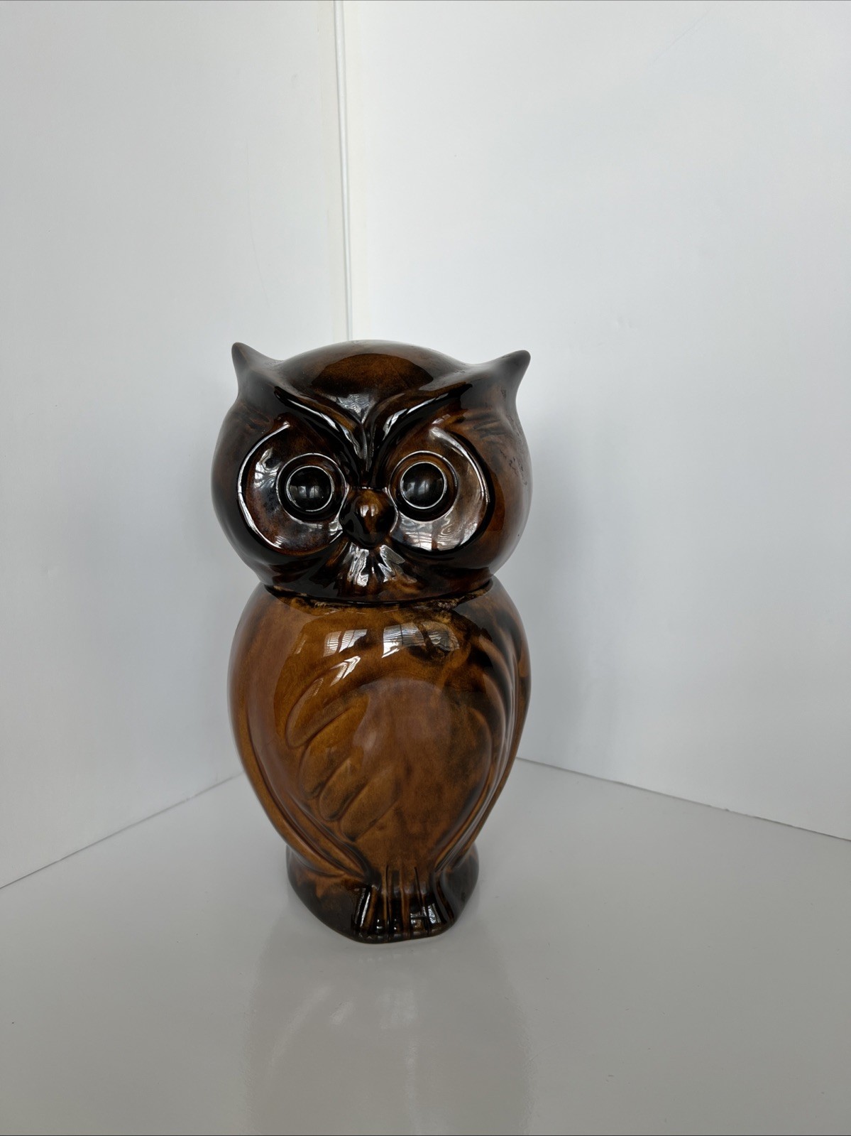 Vintage Great Horned Owl Cookie Jar USA Pottery Holiday Designs Honey Brown 12\