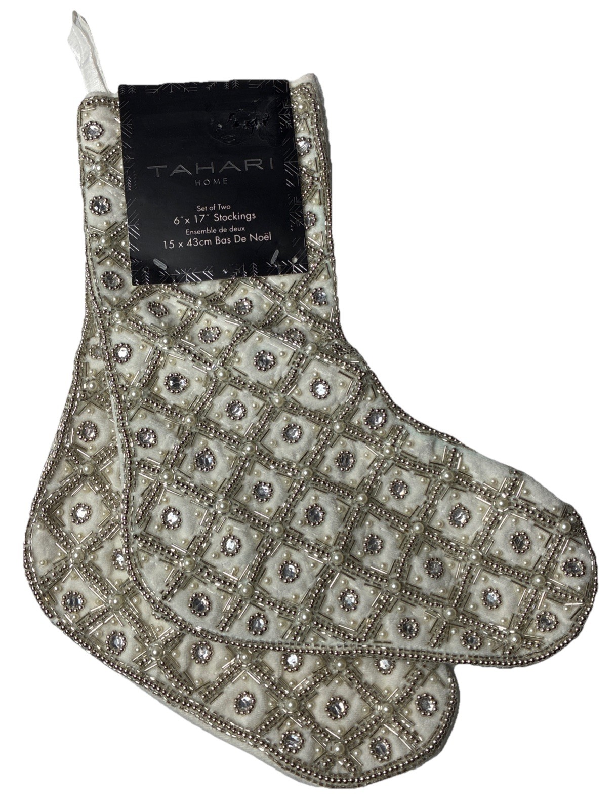NEW Tahari Set 2 Luxury Christmas Stockings Faux Pearl Silver Beaded lattice NEW Tahari Set 2 Luxury Christmas Stockings Faux Pearl Silver Beaded lattice