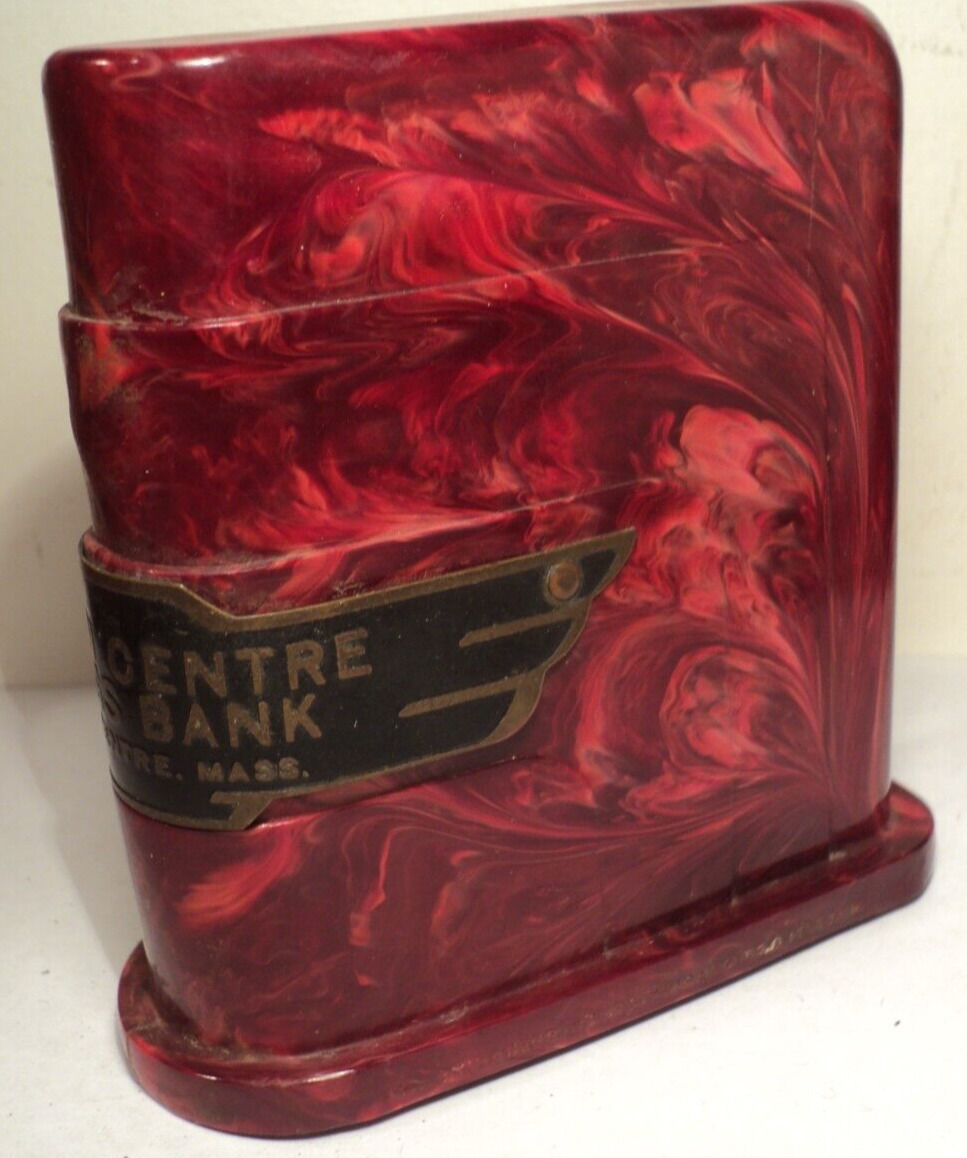 VINTAGE MARBLEIZED RED PLASTIC BANTHRICO COIN BANK ART DECO NEWTON CENTRE MASS