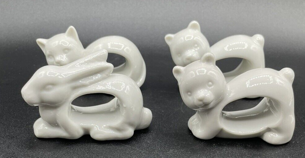 Japanese Vintage Animals Porcelain Napkin Rings Set of 4  2 Bears 1 Cat 1 Rabbit