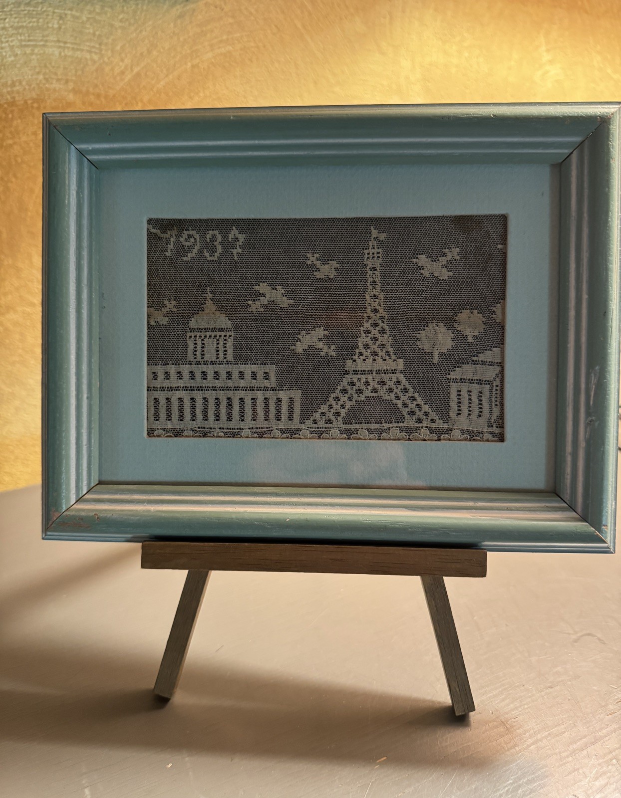 Vintage 1937 Paris Eiffel Tower Lace Textile  Framed French Art scene displayed 