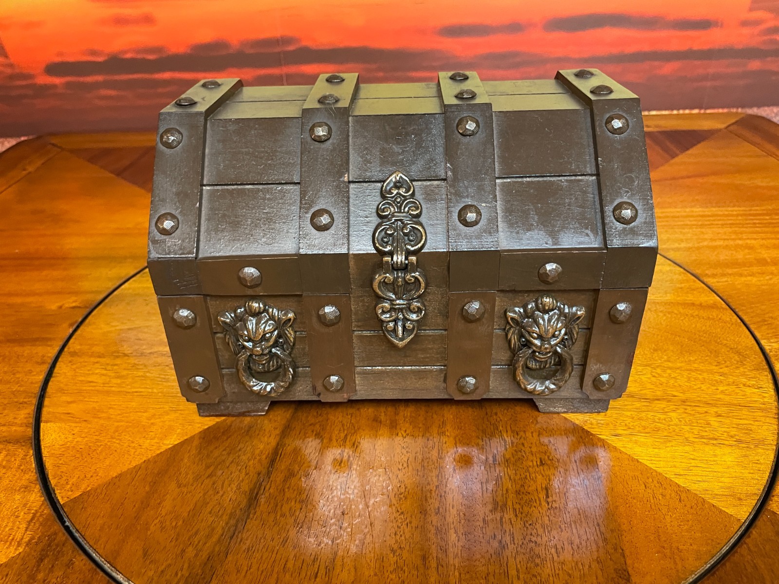 Vintage Dark Wood Pirate Booty Stash/Jewelry Box Lions Head Treasure Chest