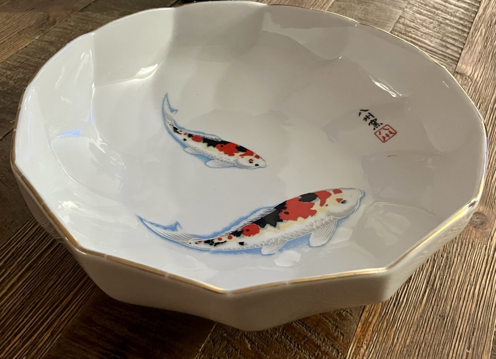 Japanese Koi Fish Porcelain Bowl Octagonal Shape w/Scalloped Rim Marked Whimsy