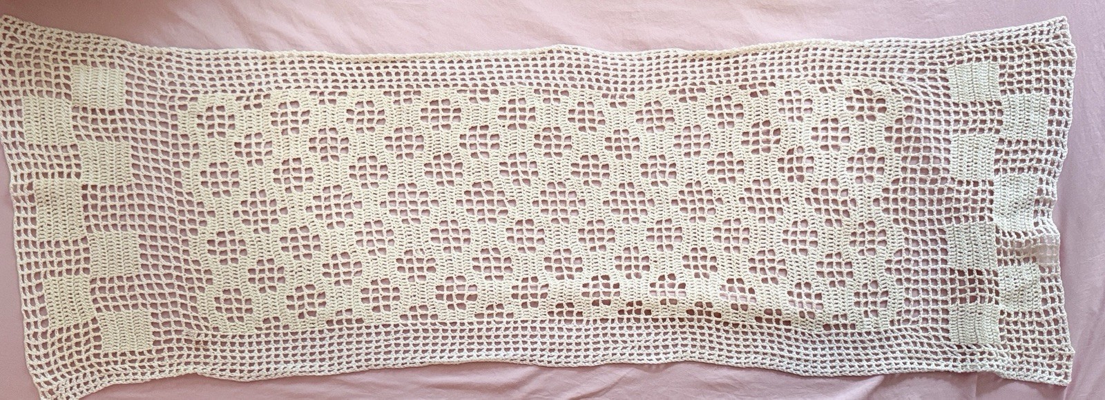 Vintage Hand Crochet Table Runner Cream  15”W x 41”L