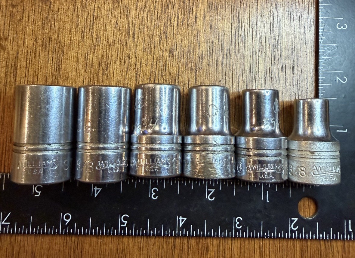Williams 6pc Sockets 1/2” Drive Vintage USA Tools 12pt SAE 11/16”- 3/8”