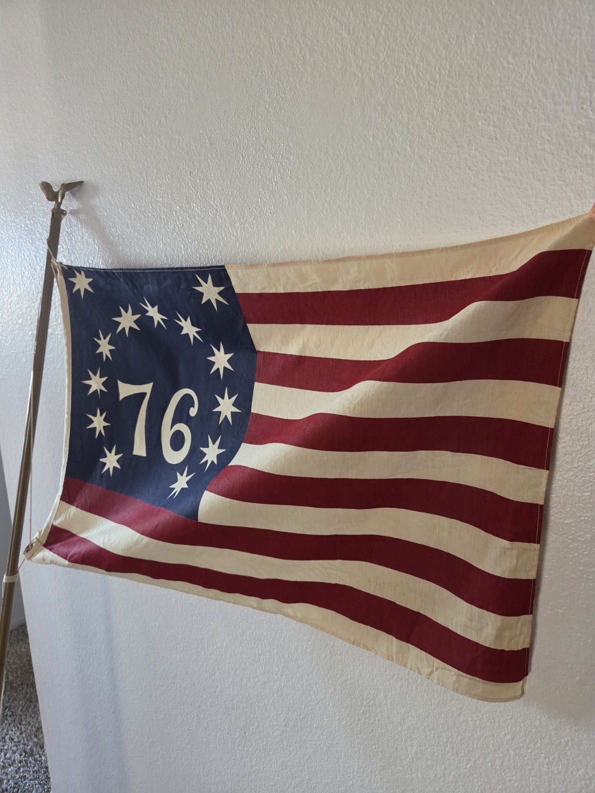 Vintage Cotton Embroidered Bennington 76 American Flag Old USA Sewn Cloth Art