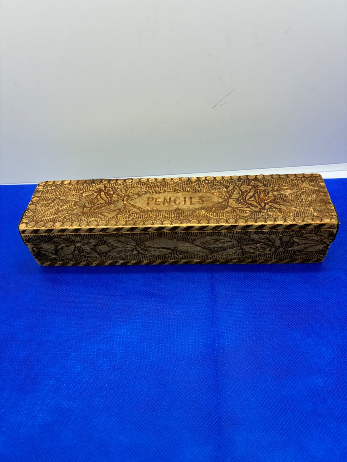 Antique Pyrography Wooden Pencil Box