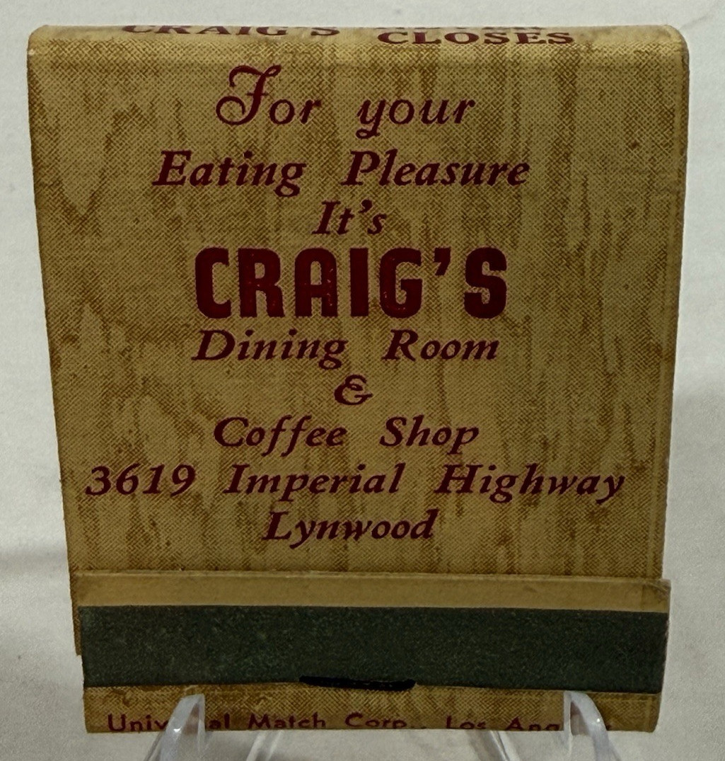 Vintage Craig's Dining Room Coffee Shop Lynwood California Unstruck Matchbook