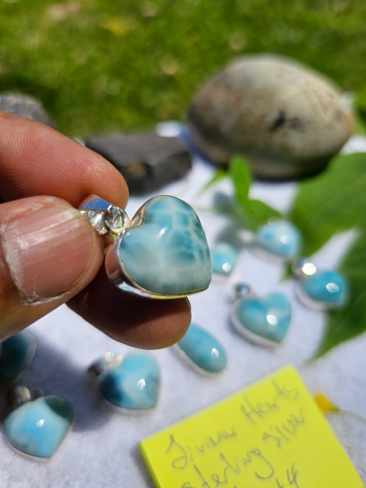 Lot of Larimar and Silver hearts cabochons, atlantis stone, larimar blue sky