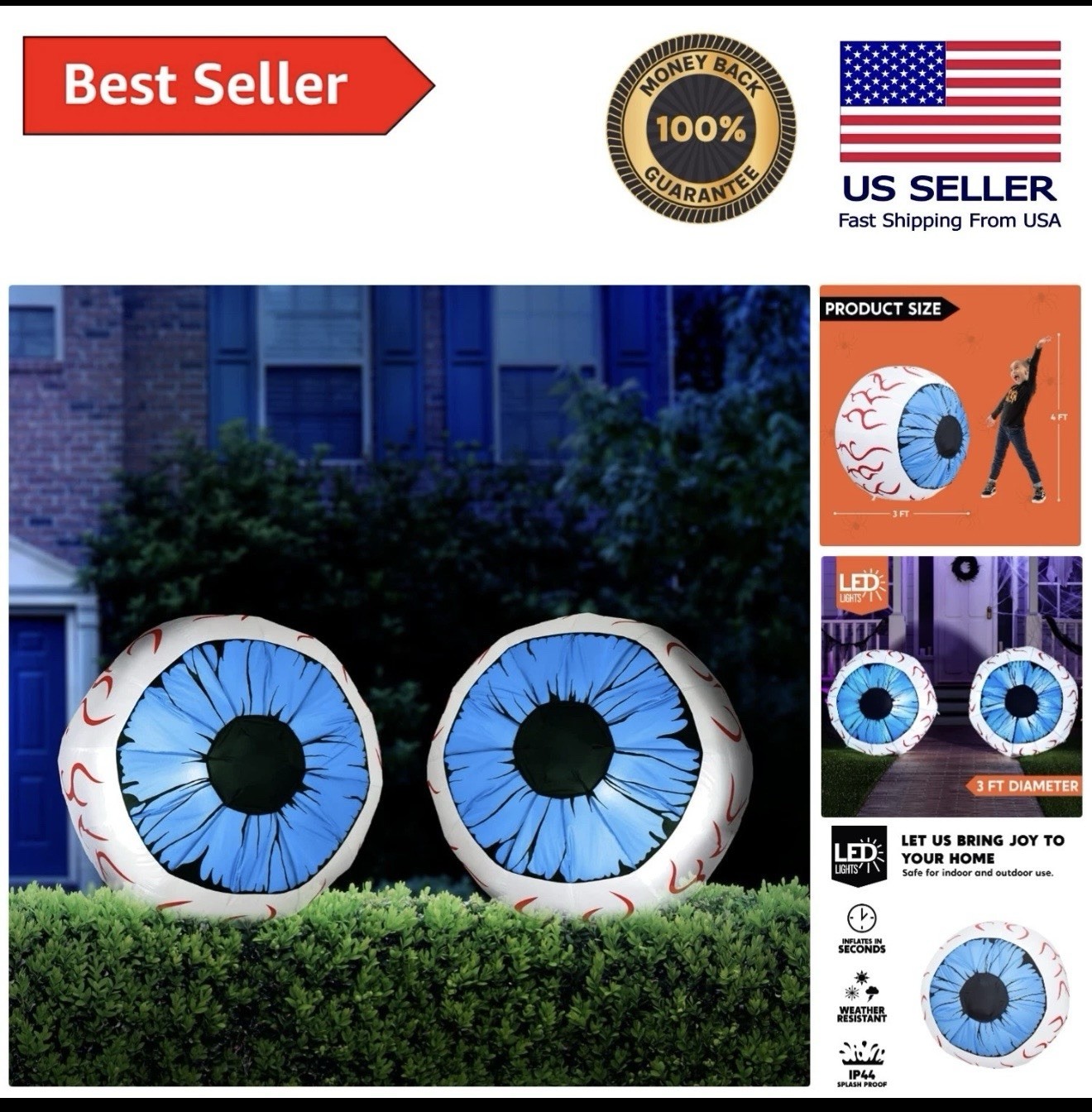 JoieDomi Holiday Inflatable Large 3Ft LED Halloween Eyeball BLUE NEW