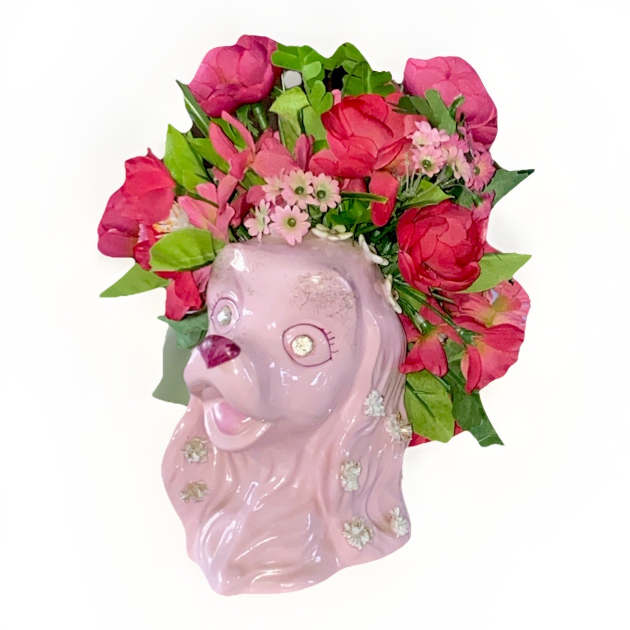 VTG Lefton MCM Pink Dog Planter Vase Spaghetti Flowers Rhinestone Eyes 1950’s VTG Lefton MCM Pink Dog Planter Vase Spaghetti Flowers Rhinestone Eyes 1950’s
