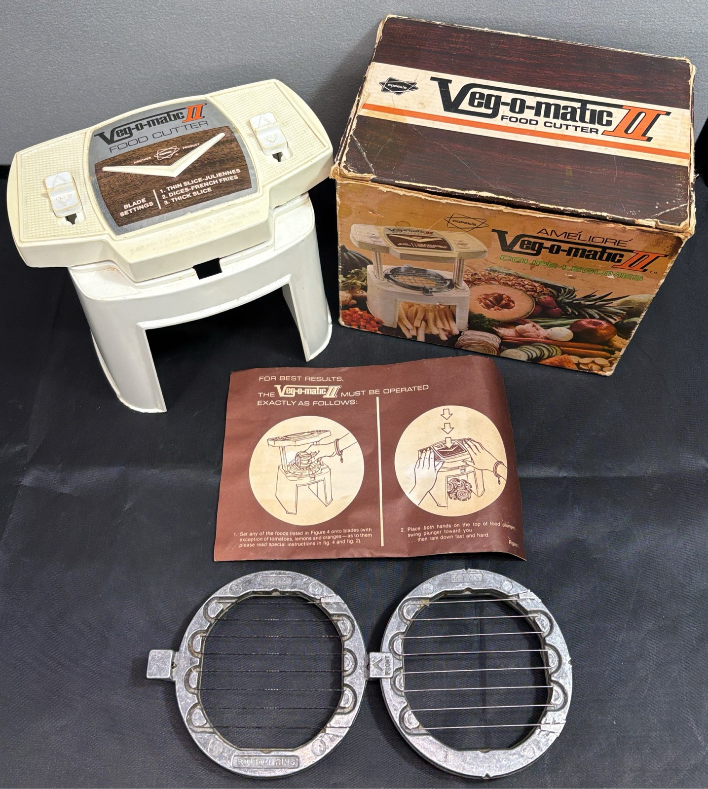 VTG 1975 Popeil Veg-O-Matic II Food Cutter 2 Blades Box Manual Food Preparer VTG 1975 Popeil Veg-O-Matic II Food Cutter 2 Blades Box Manual Food Preparer