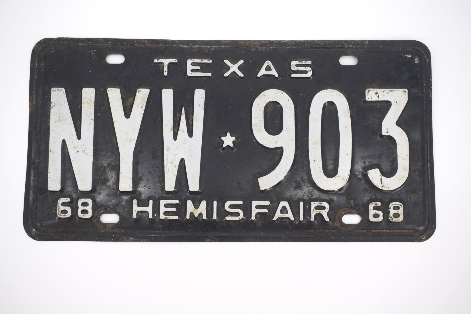 Authentic 1968 Texas HemisFair License Plate NYW 903 Vintage Black Expo Tag