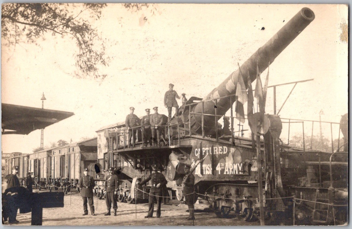Antique c1916 RPPC Postcard Captured British 4th Army Artillery German Gun Rail