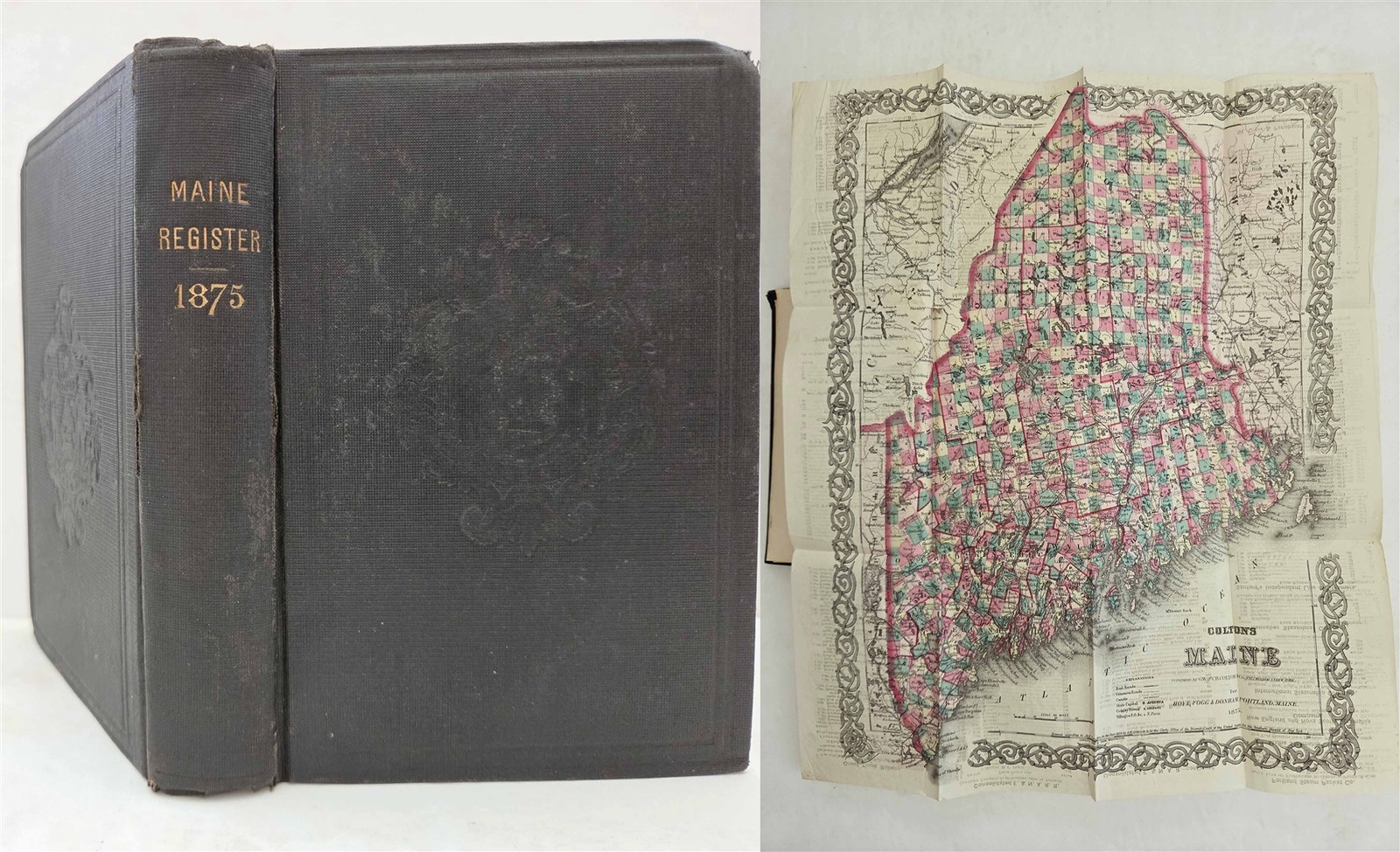 1875 antique MAINE BUSINESS DIRECTORY w FOLDOUT MAP history ads genealogy