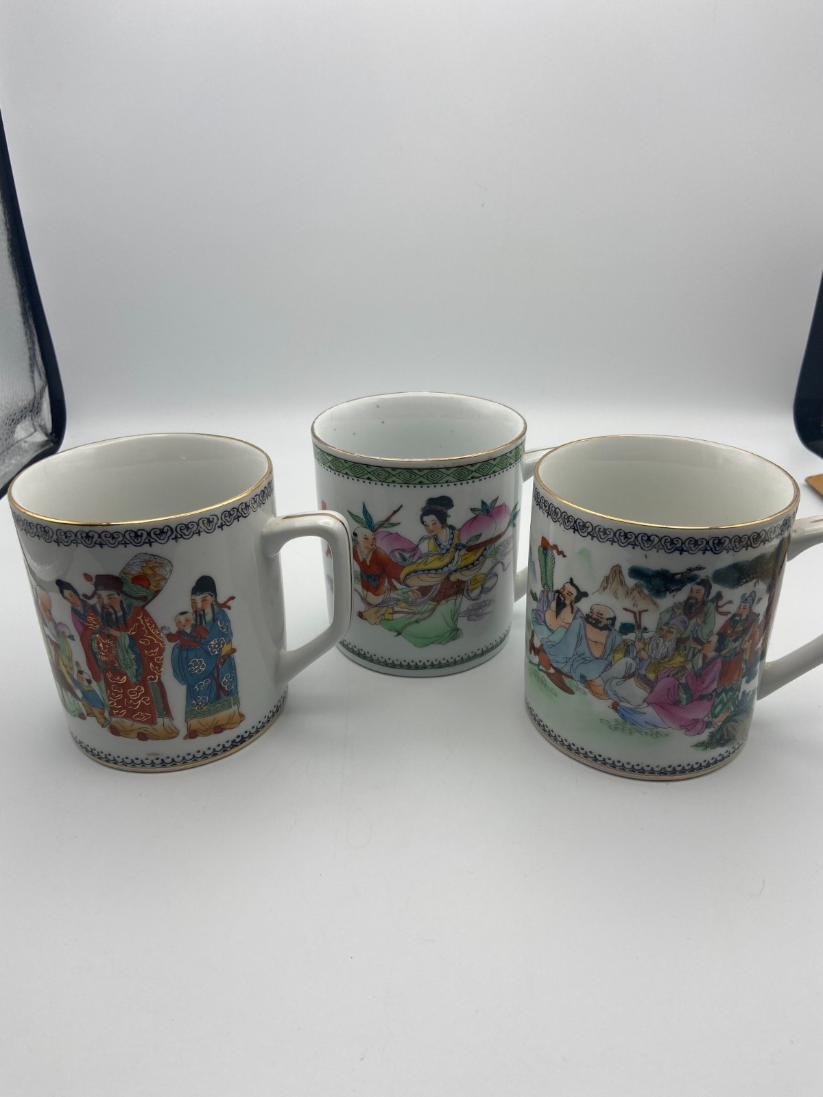 Chinese/Asian Folklore Porcelain Hand Painted Coffee Mugs Trimmed in Gold (3)