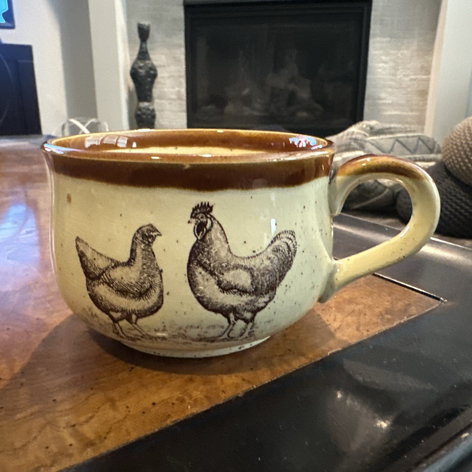 Vintage 1979 Enesco Hen & Rooster SOUP Mug Coffee Speckled Primitive Decor Japan