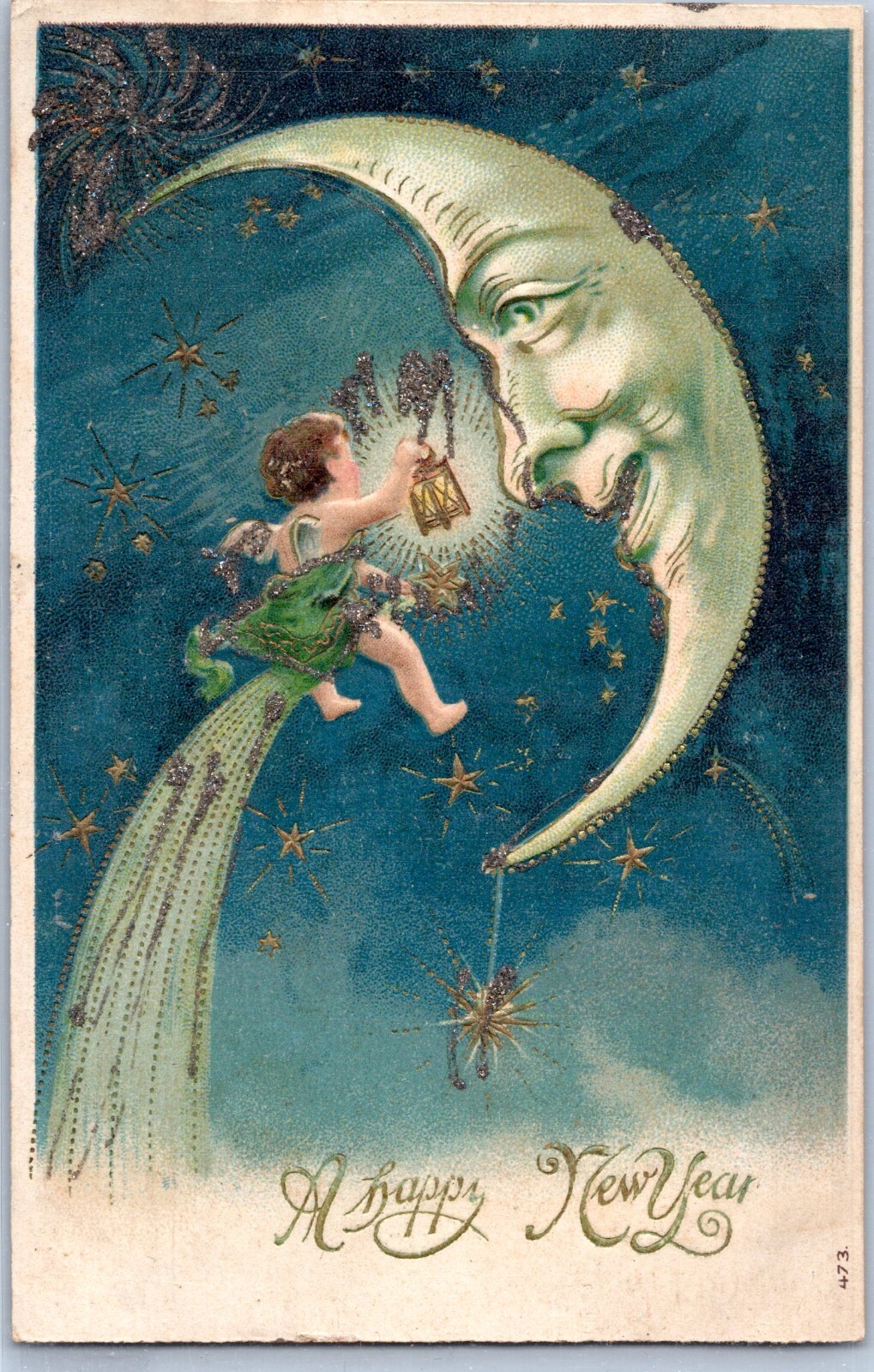c1907-15 New Years Baby Meets Man in Crescent Moon- Fantasy Postcard - Gold Gilt c1907-15 New Years Baby Meets Man in Crescent Moon- Fantasy Postcard - Gold Gilt