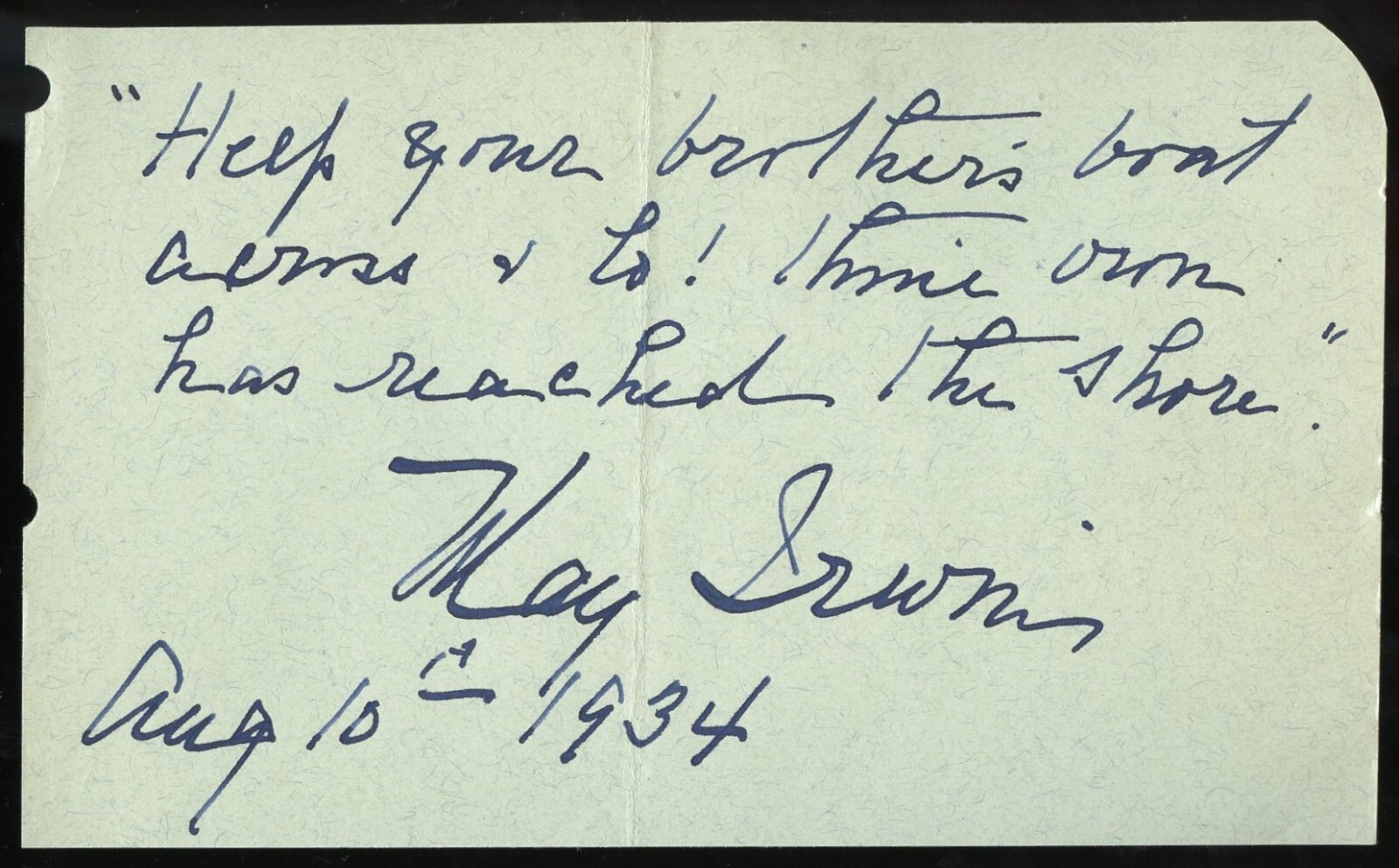 May Irwin d1938 signed autograph 3x5 Cut Actress First Screen Kiss in History May Irwin d1938 signed autograph 3x5 Cut Actress First Screen Kiss in History