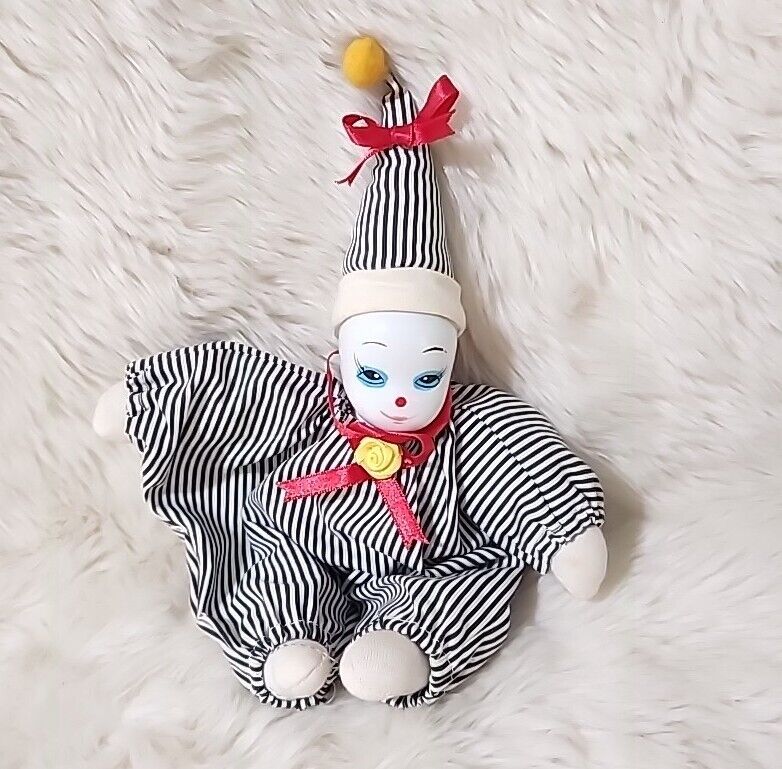 Vintage Porcelain Head Clown Doll Figurine w/ Bean Bag Body Striped Outfit