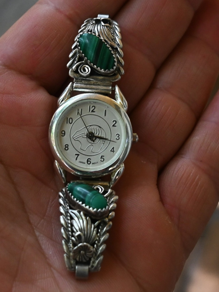 Navajo Kenneth Jones sterling & malachite watch tips & stretch band w/ new watch Navajo Kenneth Jones sterling & malachite watch tips & stretch band w/ new watch