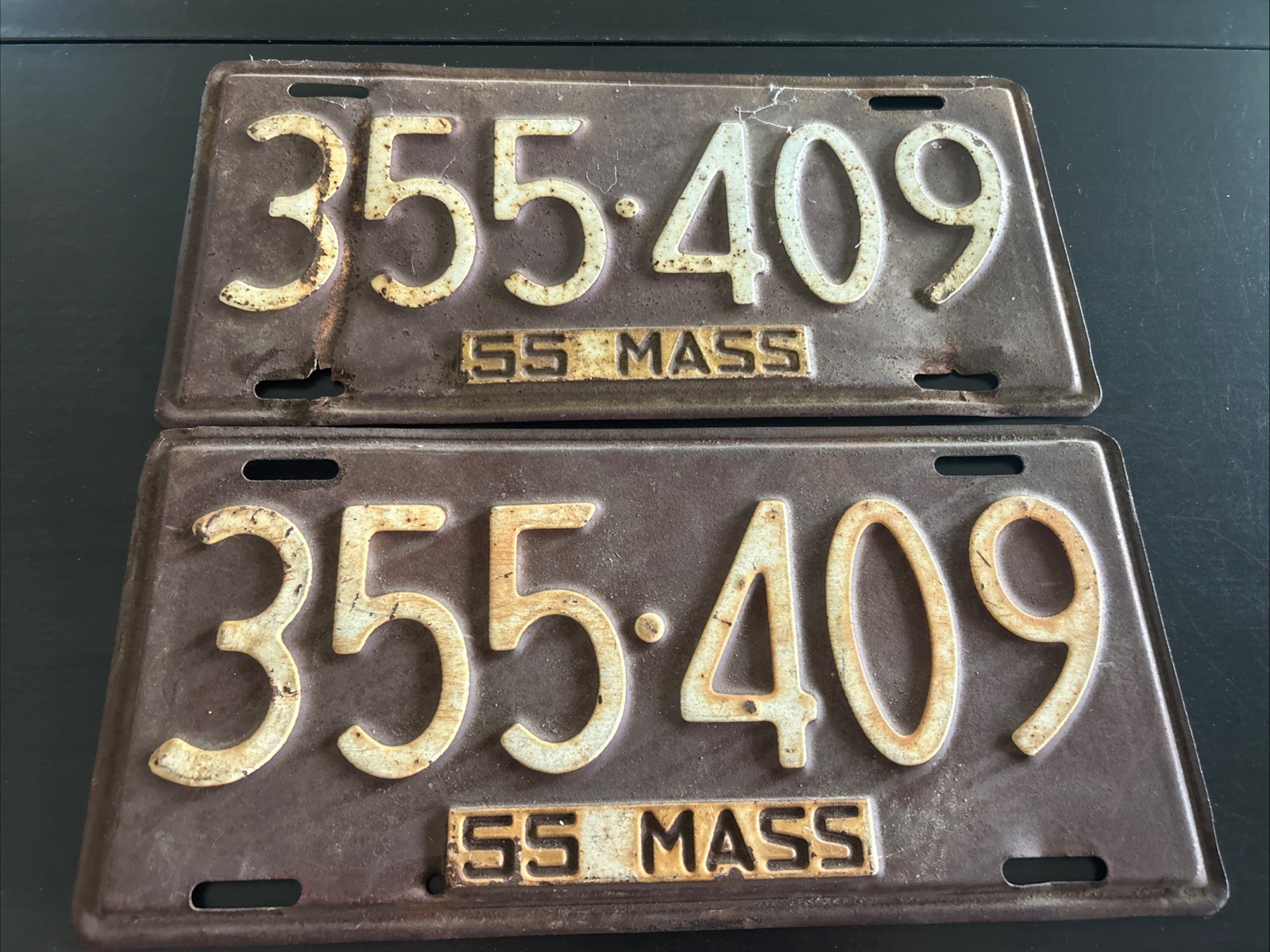 1955 Massachusetts License Plate 355-409 Pair