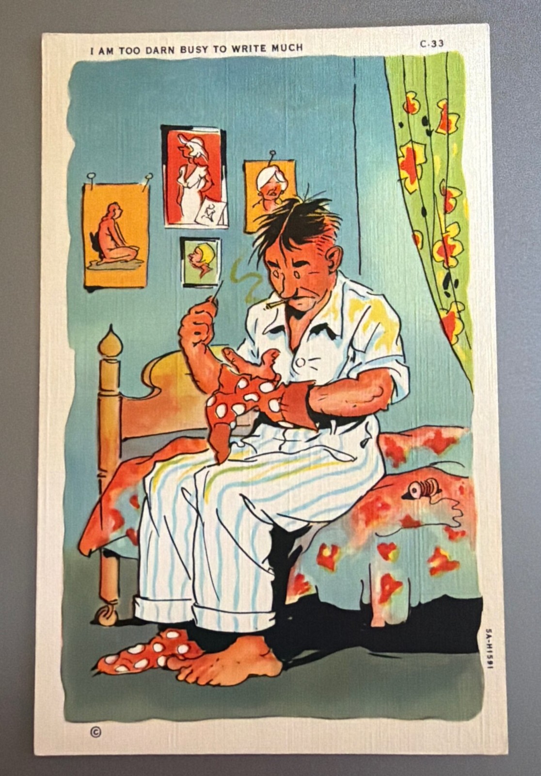 Postcard 1940s Linen Comic Humor Man Darning Socks Busy Curt Teich Era Postcard 1940s Linen Comic Humor Man Darning Socks Busy Curt Teich Era