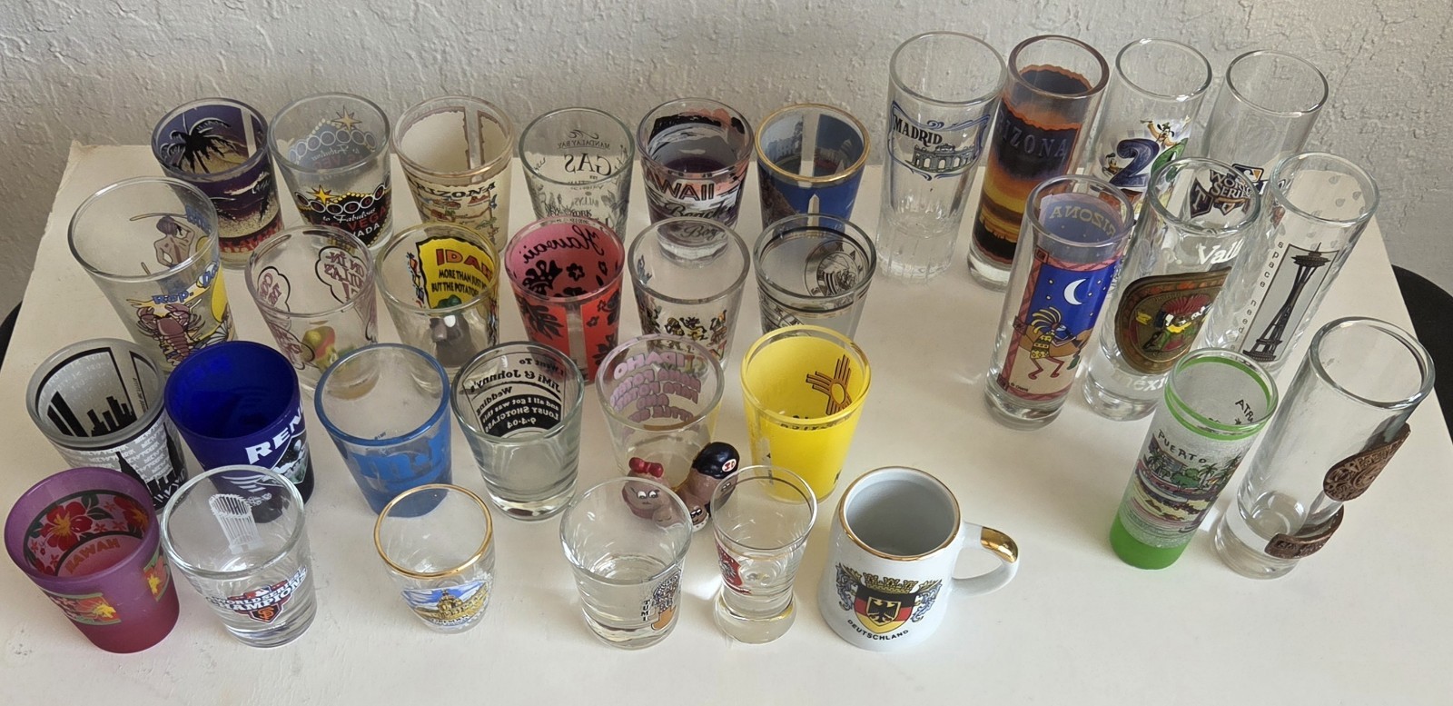 collection of 33 souvenir shot glasses + wooden vine box