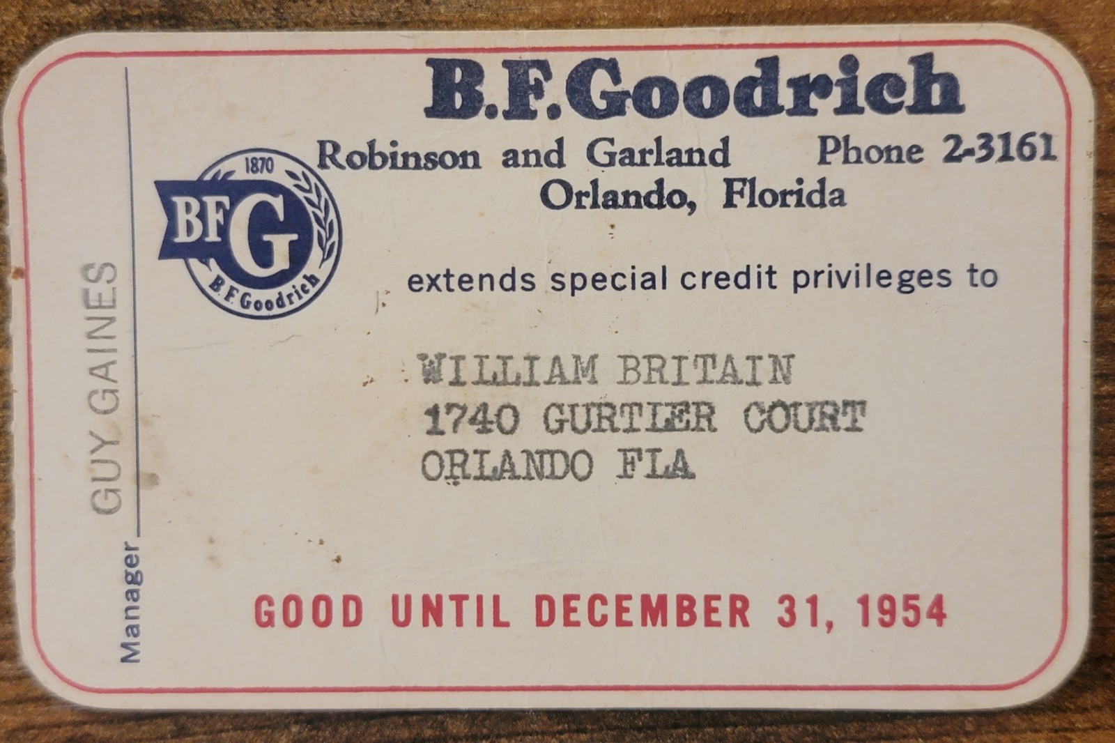 Vintage B.F. Goodrich Paper Credit Charge Card Expired 1954, Orlando, Florida Vintage B.F. Goodrich Paper Credit Charge Card Expired 1954, Orlando, Florida