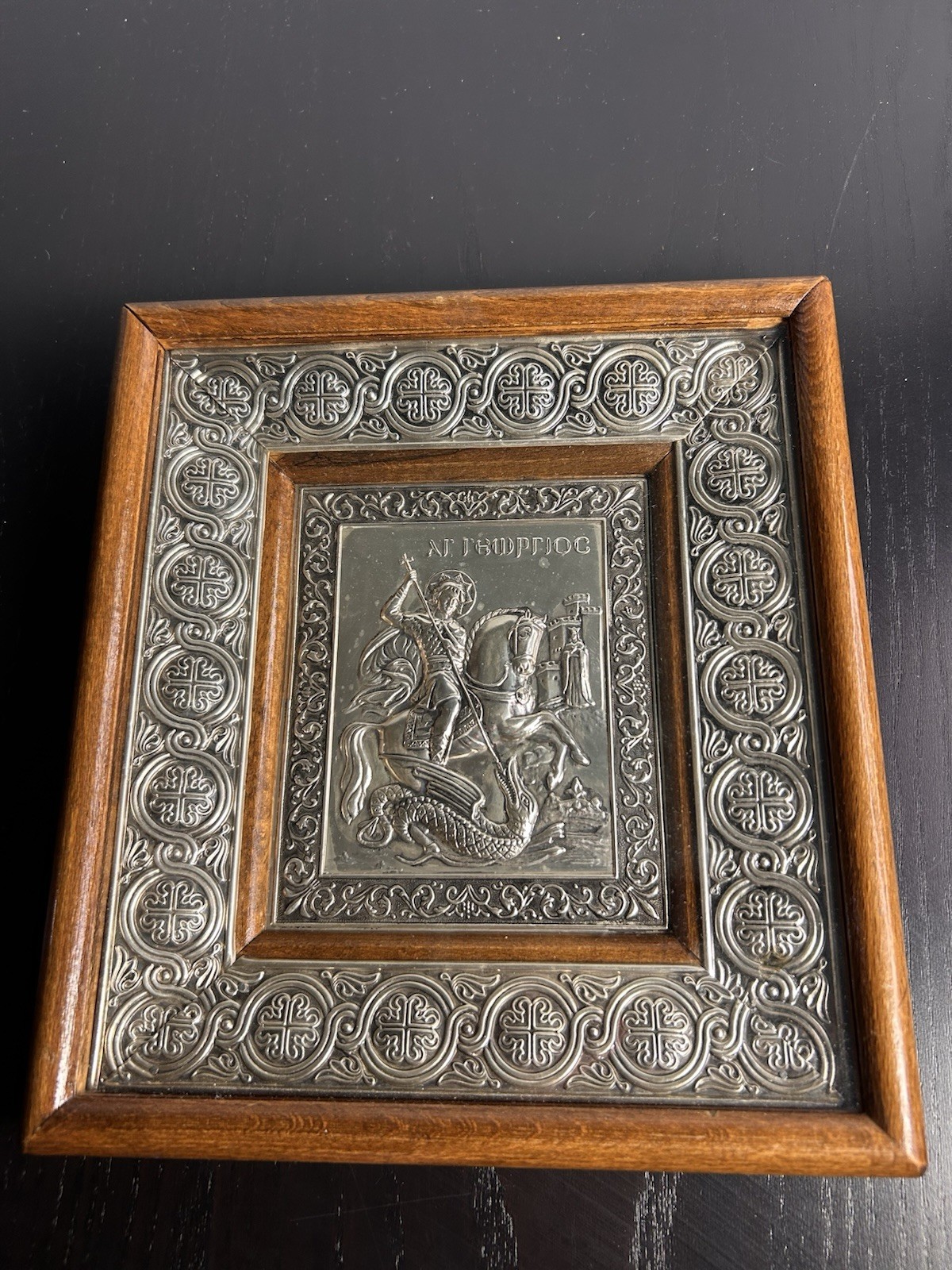 Vintage Saint George Orthodox Christian Icon 8x9 Wood Frame Silver Foil Relief Vintage Saint George Orthodox Christian Icon 8x9 Wood Frame Silver Foil Relief